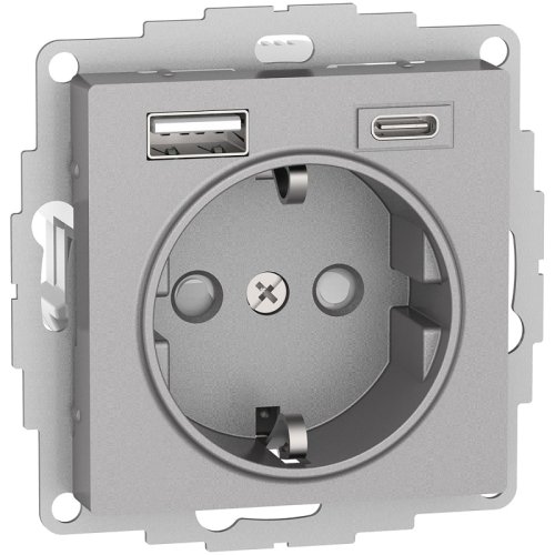 Розетка с заземлением +2xUSB тип A+C без рамки Systeme Electric AtlasDesign 1-м. алюминий фото Розетка с заземлением +2xUSB тип A+C без рамки Systeme Electric AtlasDesign 1-м. алюминий картинка